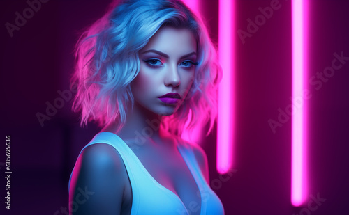 Beautiful blonde woman in white dress in neon lighting close up shot. High fashion model in bright neon lights posing in night club