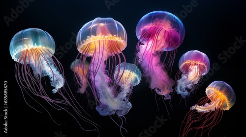 Colorful glowing jellyfish in the underwater ocean