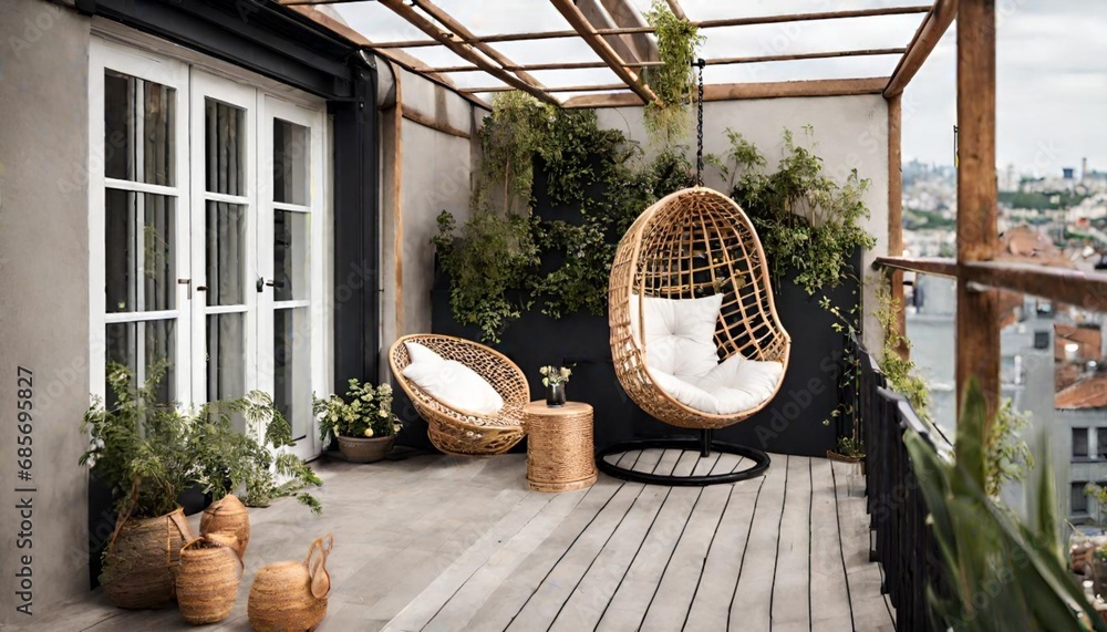Cozy rooftop terrace with rattan hanging chair. - obrazy, fototapety, plakaty 