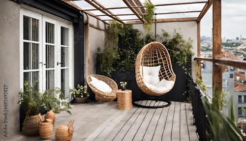 Cozy rooftop terrace with rattan hanging chair. photo