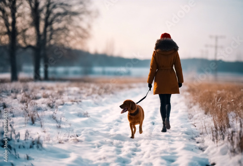 Scenari Innevati- Donna che Passeggia con il Suo Cane nei Giorni di Festa photo