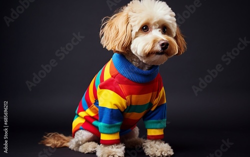Dog Wearing a Playful Clown Sweater photo