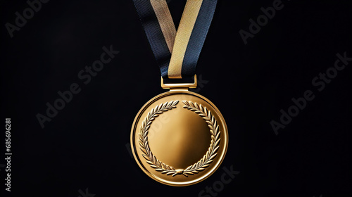 a blank gold medal isolated on black background photo