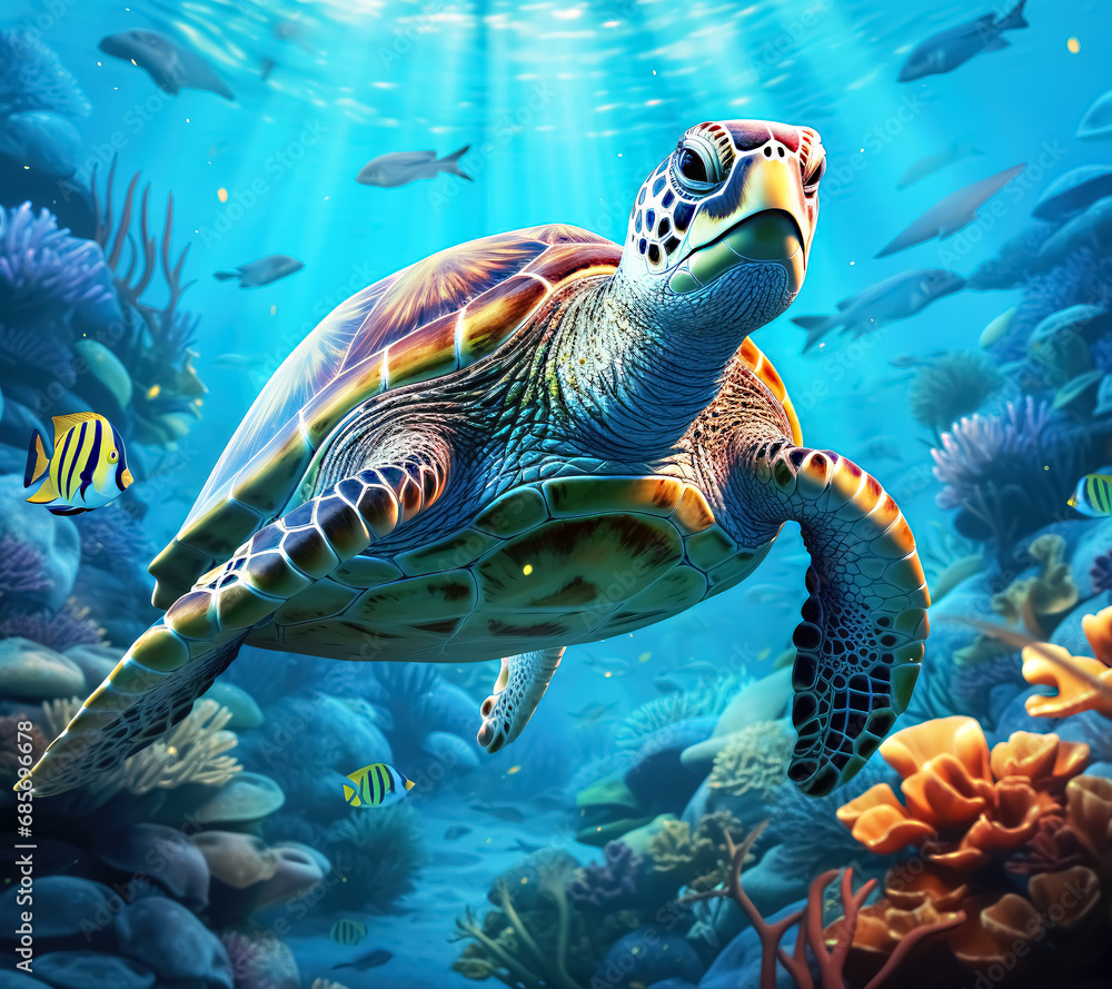 Sea Turtle surrounded by Coral Life underwater Sea Turtle surrounded by Coral Life underwater