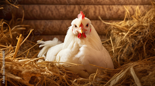 a white chicken is sitting in the hay