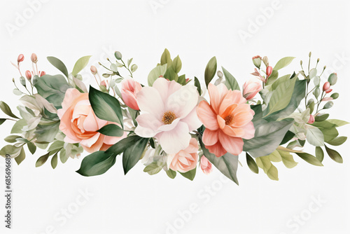 Watercolor floral border wreath with green leaves, pink peach blush and flower branches