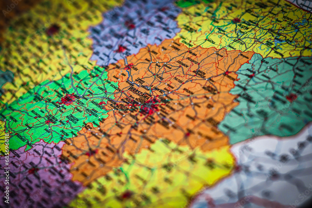 Fototapeta premium Polish map, Warsaw close up 