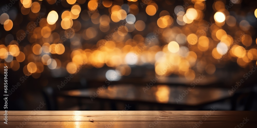 An empty table foregrounds a bokeh of warm, amber light. - obrazy, fototapety, plakaty 