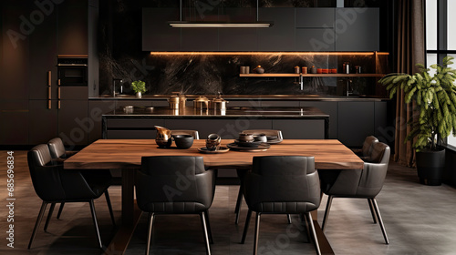 large dining room with black cabinets and walls. black kitchen dining room interior design 