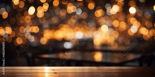 An empty table foregrounds a bokeh of warm, amber light.