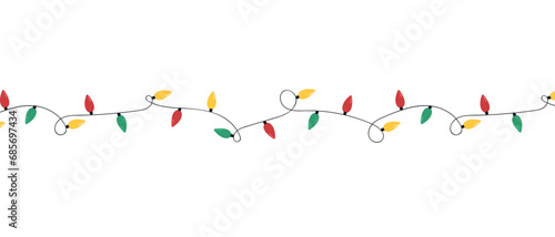 christmas seamless border with colorful lamps. repeating christmas lights isolated on white background. multicolor new year cartoon ornament