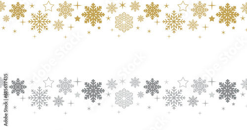 set of silver and golden seamless borders with snowflakes. vector christmas ornament isolated on transparent background. beautiful winter new year decoration template