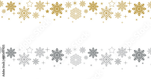 set of silver and golden seamless borders with snowflakes. vector christmas ornament isolated on transparent background. beautiful winter new year decoration template