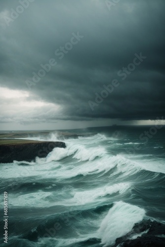 Storm, wind, strong waves, thick black clouds in the sea, ocean. Landscape, element, natural disaster, nature concepts.