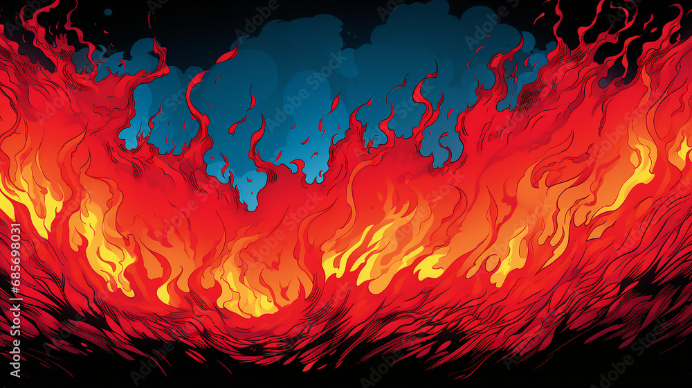 Obraz premium Vibrant Comic Book Fire and Smoke Backgrounds, Illustrating Dynamic Energy and Intense Heat – Perfect for Explosive Artistic Designs and Fantasy Concepts.