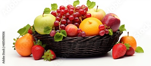 Fresh fruits assorted in a wicker basket isolated background.