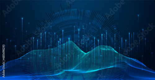 Big Data. Abstract digital futuristic wireframe vector illustration on technology background. Data mining and management concept. Hand drawn art.