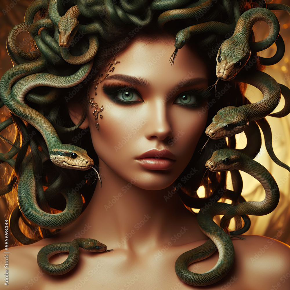Portrait of Medusa. Mythological female Gorgon with pythons in her head.