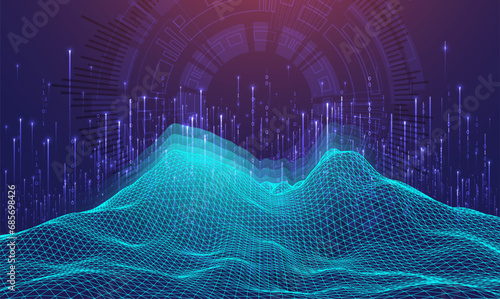 Big Data. Abstract digital futuristic wireframe vector illustration on technology background. Data mining and management concept. Hand drawn art.