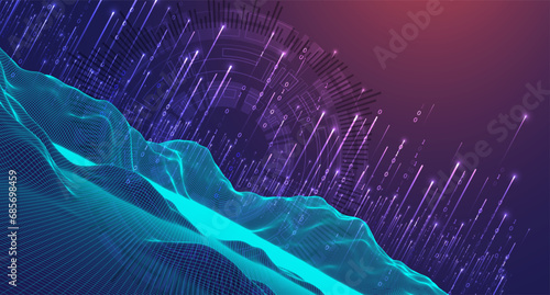 Big Data. Abstract digital futuristic wireframe vector illustration on technology background. Data mining and management concept. Hand drawn art.