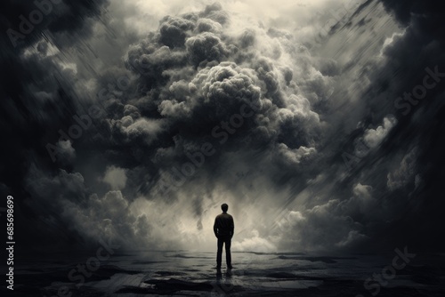 Man Standing Alone in a Stormy Landscape, Symbolizing Depression © ChaoticMind