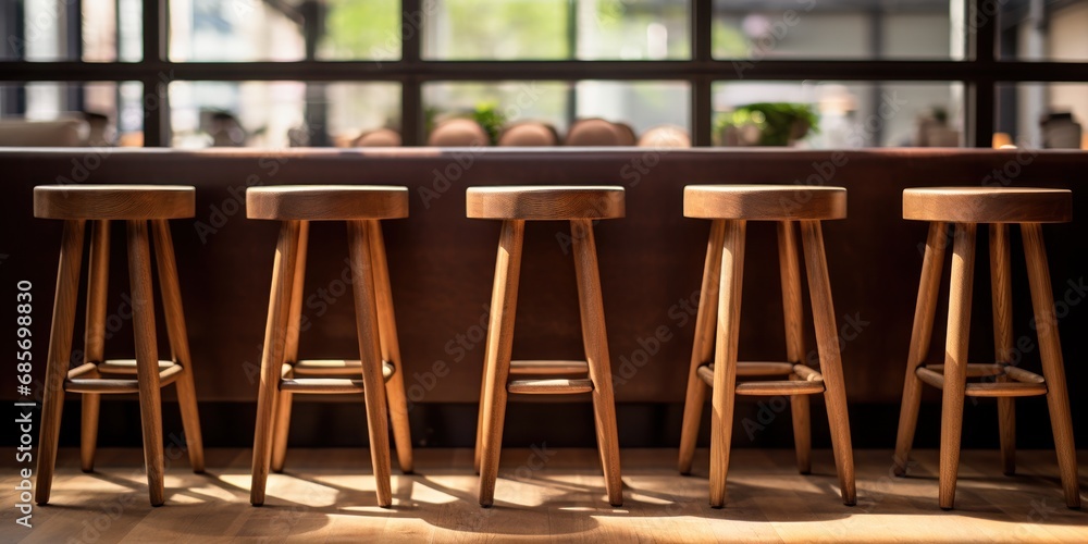 Wooden stools by a bar, a minimalist's approach to decor.