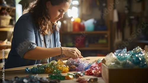 woman is making plastic objects in her workshop
