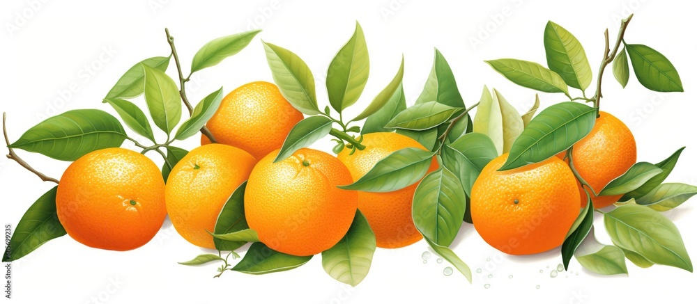 Fresh ripe orange fruit with leaves on a white background