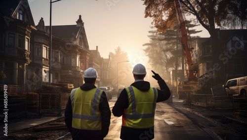 the two construction workers are pointing to a street with their construction vests