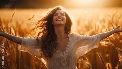 woman with arms in back in the wheat field youthful energy, sunrays shine upon it