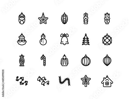 Vintage christmas ornaments and baubles icons set with adjustable stroke weight. Set includes star, rabbit, Santa, owl, candy and other ornaments