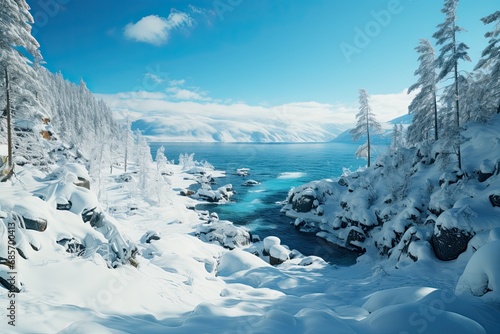 Winter landscape. Lake with crystal clear water. The forest is covered with snow. Generative AI Art. Beautiful view. © Sci-Fi Agent