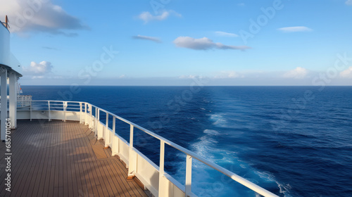 Teak bow deck of a large luxury motor yacht out at sea with a tropical ocean view background. © PaulShlykov