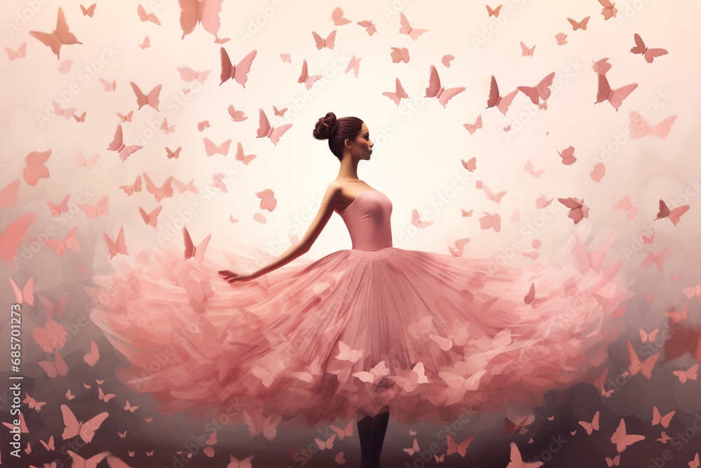 illustration of a ballerina in a pink dress, on a background of pink butterflies. Created with Generative AI illustration of a ballerina in a pink dress, on a background of pink butterflies. Created with Generative AI