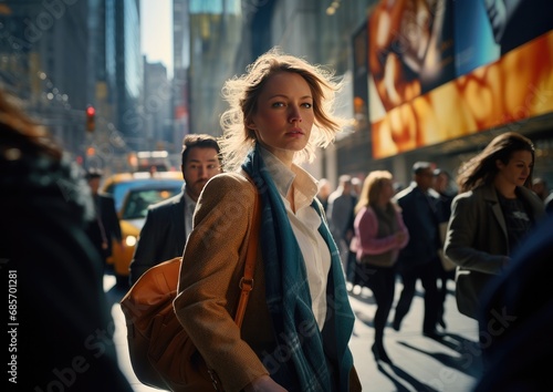 Capture the dynamic energy of a bustling city street during rush hour, shot with Hasselblad, cinematic, hyperrealistic, naturel light, award winner photography, hyperrealism, ultra realist