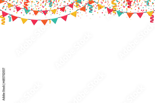 Garland of colored flags and confetti horizontal banner. Carnival garlands entertainment events. Festive vector background in flat cartoon style on a white background.