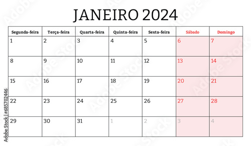 January 2024 portuguese month calendar. Vector printable illustration. Monthly planning for business in Portugal