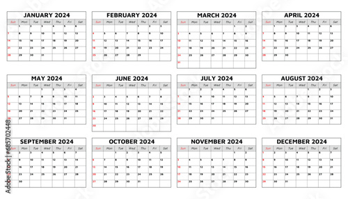 Modern collection of monthly calendars for 2024 year. Vector set with stylish design, perfect for business planning