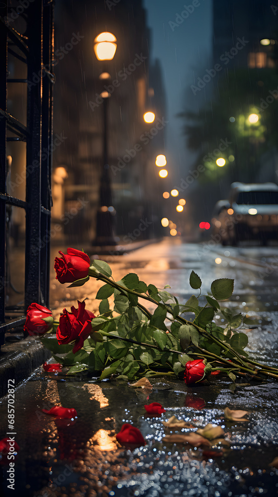 Rain-Soaked Blooms Reflecting a Couple's Heartbreak in the Night.