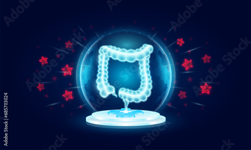 Immunity system protect medical. Intestine human organ in transparent bubble dome shield floating on medical cross symbols. Anti germ defence and protection virus bacteria penetrating cells. Vector.