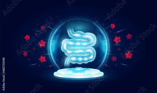 Immunity system protect medical. Small intestine inside transparent bubble dome shield floating on medical cross symbols. Anti germ defence and protection virus bacteria penetrating cells. Vector.