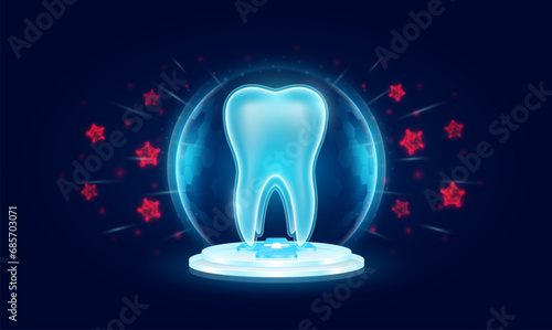 Immunity system protect medical. Tooth human organ inside transparent bubble dome shield floating on medical cross symbols. Anti germ defence and protection virus bacteria penetrating cells. Vector.