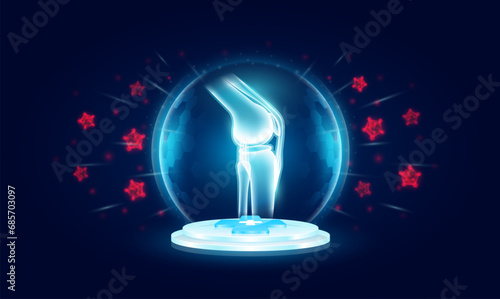 Immunity system protect medical. Knee joint bone organ in transparent bubble dome shield floating on medical cross symbols. Anti germ defence and protection virus bacteria penetrating cells. Vector.