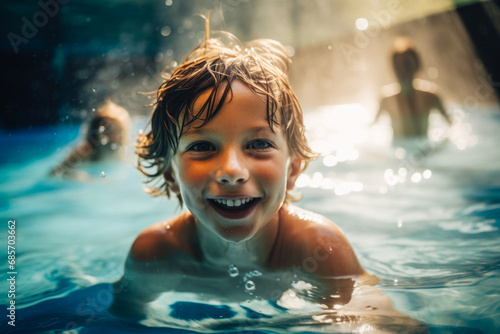 Joyful boy  beaming with excitement  learns to swim  creating a splash of happiness in water. Generated AI.