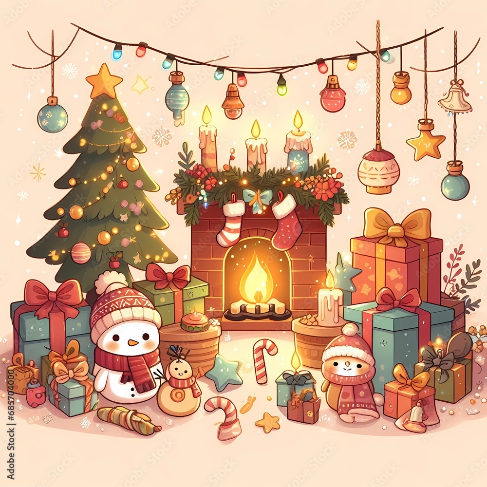 cute christmas card with christmas tree and gifts illustration 