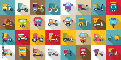 Trishaw icons set flat vector. Bike indian transport. Bicycle vehicle taxi