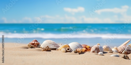 Beach landscape with shells strewn across the sand.