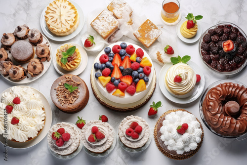 Various Desserts that are full on the table from the top view, cakes, donuts, and sweets, fruit, delicious bakery background.