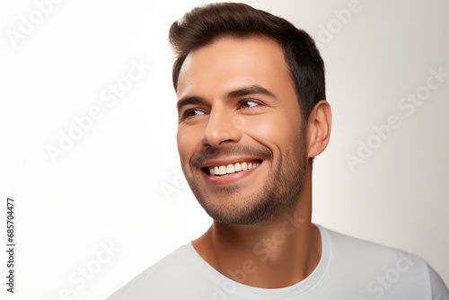 portrait of a beautiful young handsome model man smiling with perfectly clean teeth, used for a dental ad, isolated on a white background