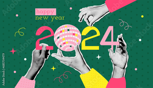 Happy New Year 2024 halftone paper stickers collage. Vector illustration with halftone hands holding number 2024 with disco ball. Retro New Year banner for decoration card, poster, party.